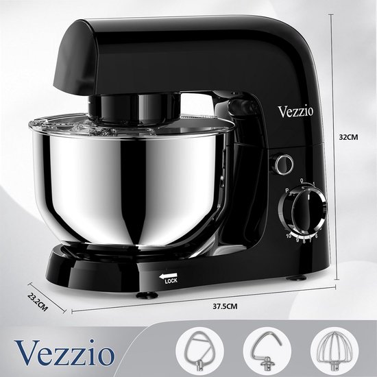 Vezzio Blender, 4,5 liter, 1500 W, 10 snelheden, keukenmachine om te bakken (zilver) (zwart) — afbeelding 2