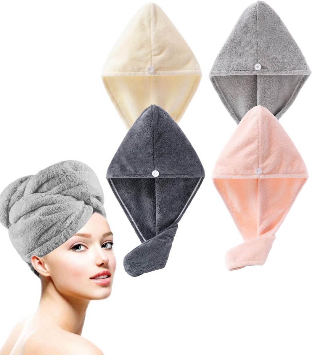 4-Pack Microvezel Haarwraps - Sneldrogende Turban voor Douche en Reizen - Voor Dik & Krullend Haar
