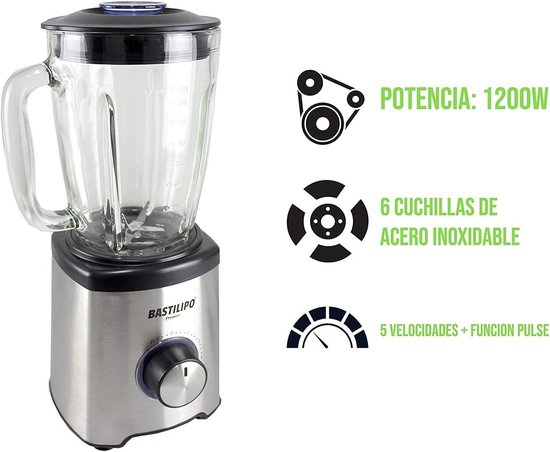 Bastilipo BVA-1200S Tafelmixer, 1.200 W, 5 snelheden, glazen kan, 1,75 l van Bastilipo — afbeelding 2
