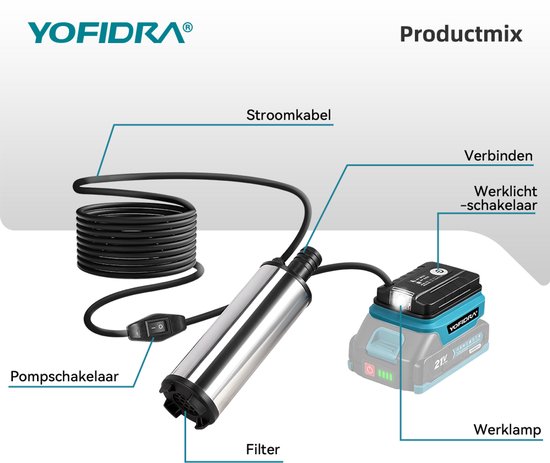 Schema van de pomp met stroomkabel, pomp- en werkschakelaar, verbinding en werklamp.