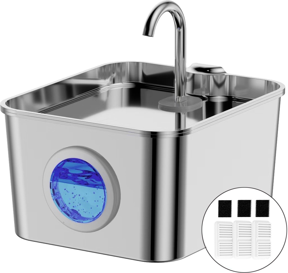 BalimoPet - Drinkfontein Hond en Kat - Geruisloos - 2.6 L - Drinkfontein katten RVS - Waterfontein Huisdieren - incl 9 Filters en cleaning tool - Fluisterstil