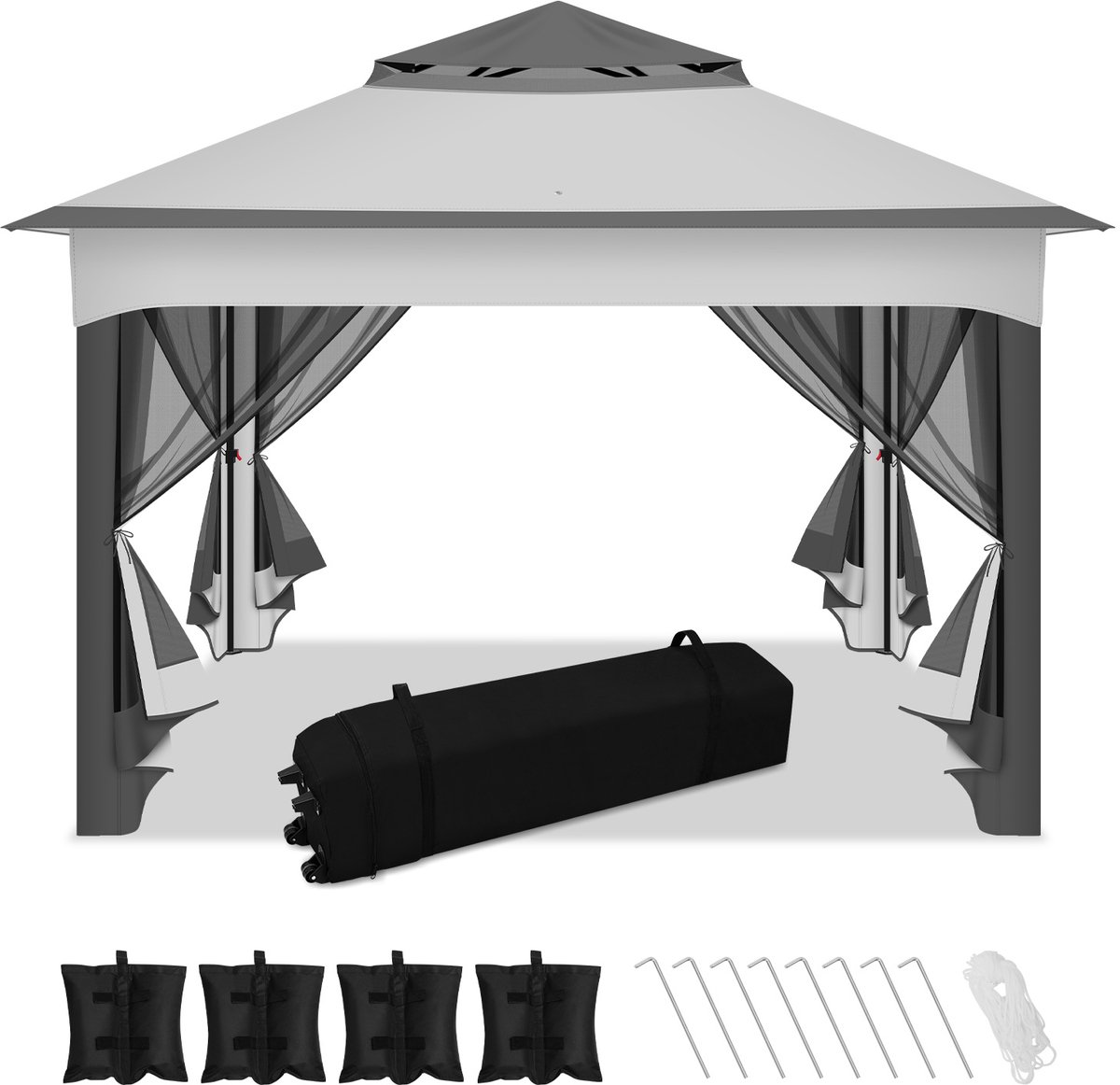 Partytent 3,3×3,3×2,68 m met klamboe – Stevig paviljoen met zandzakken & opbergtas voor tuin en terras, grijs