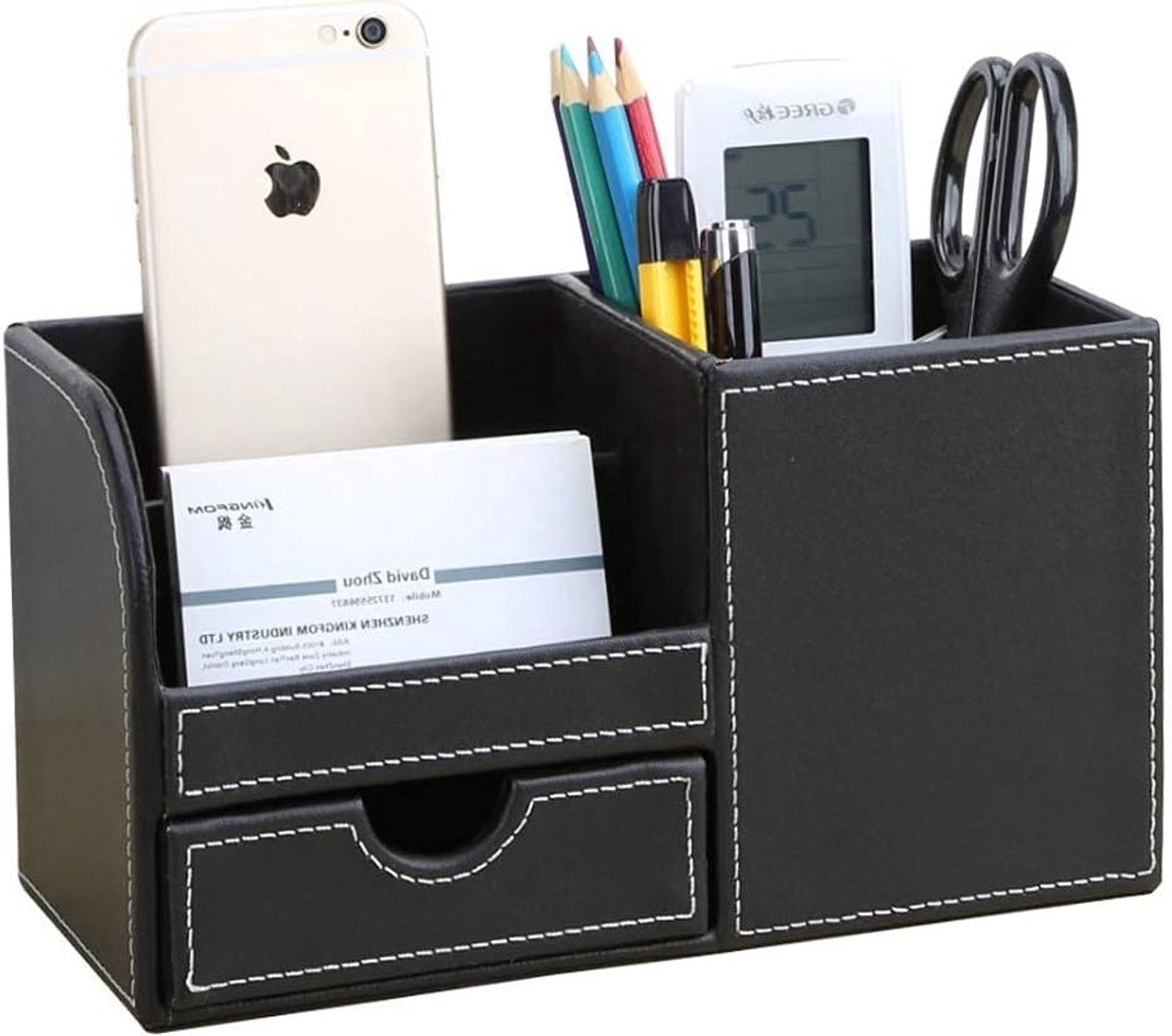 Elegante Desk Organizer met 4 Opbergcompartimenten van PU Leer voor Pennen en Kantoorbenodigdheden (Zwart)