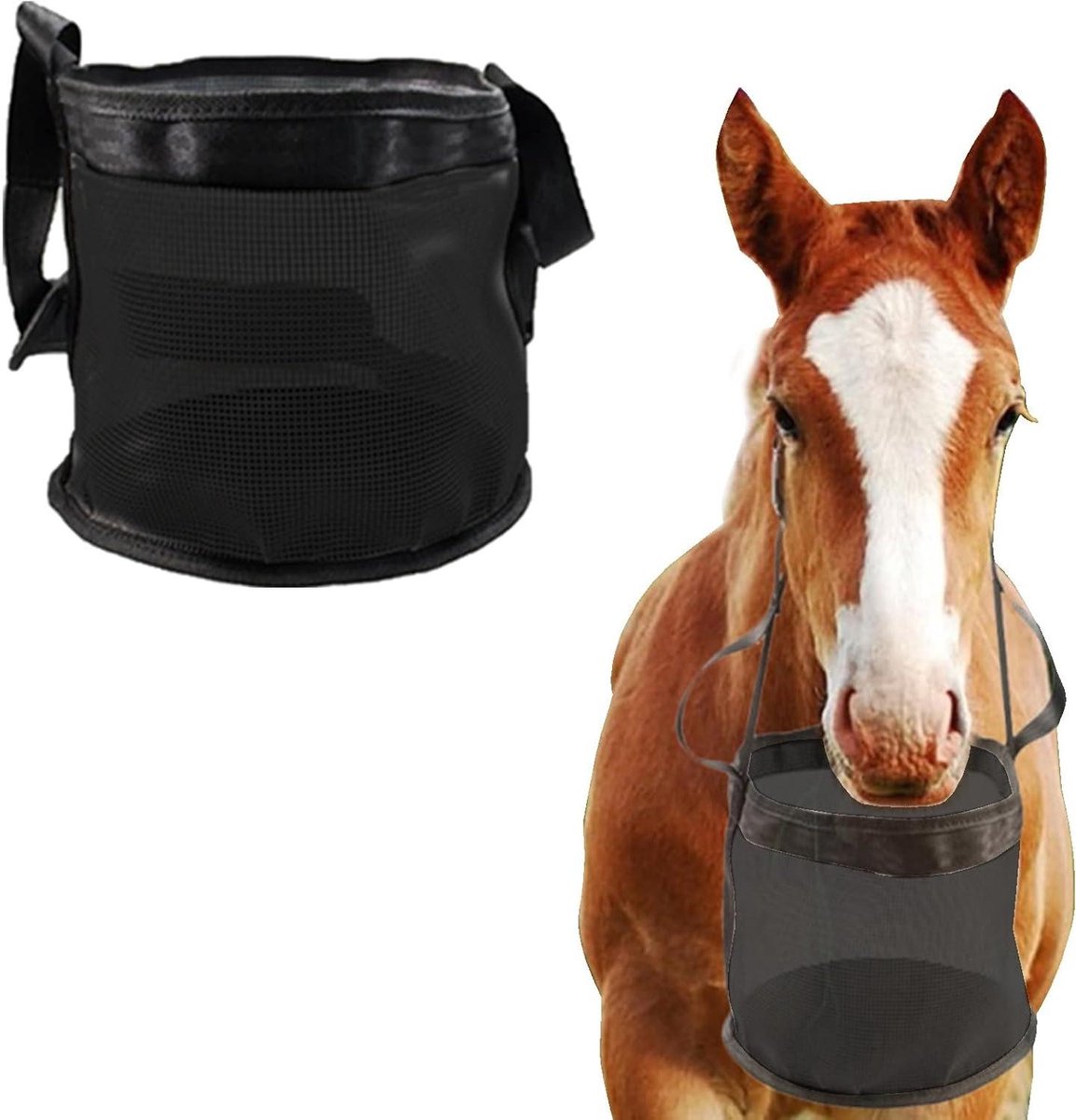 Voerzak Paard - Hooi Net Tas - Langzaam Voeren - Verstelbare Riemen - 3 Maten - Zwart