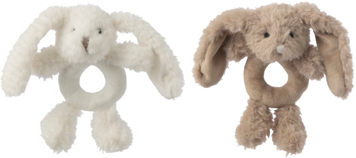 J-Line decoratie Konijn Ring - polyester - wit/bei ge - set van 2