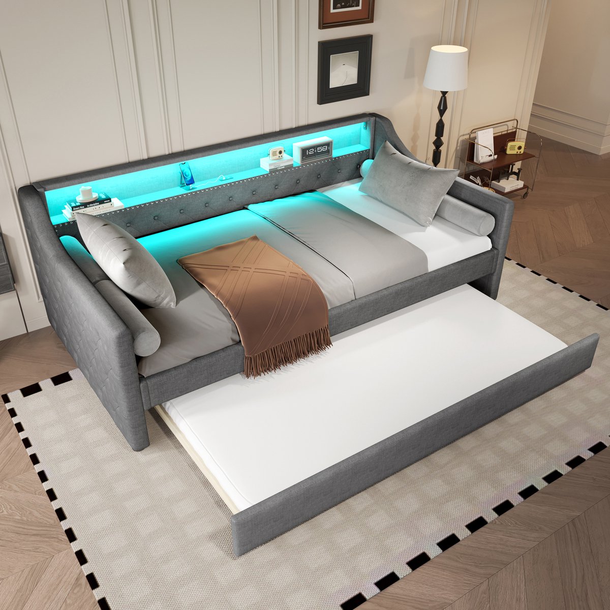 VVBV Uitschuifbare Slaapbank 90x200 cm - LED-Verlichting, USB, Lattenbodem, Uitschuifbed - Linnen Grijs - Zonder Matras Gray