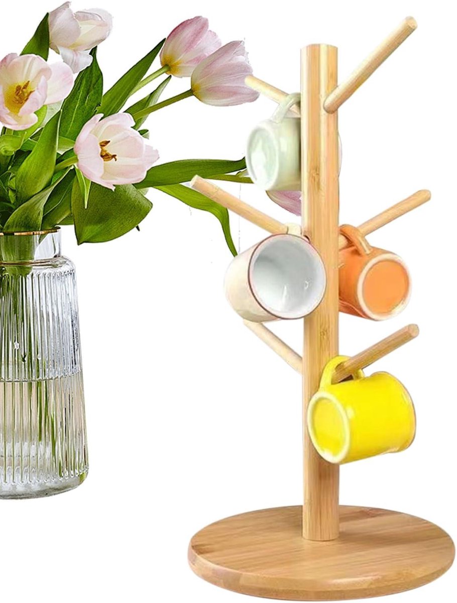 Houten Mokkenhouder - Bekerboom Rek - Keuken Organiseren - Zes Haken - 354 x 165 cm - Houtkleur
