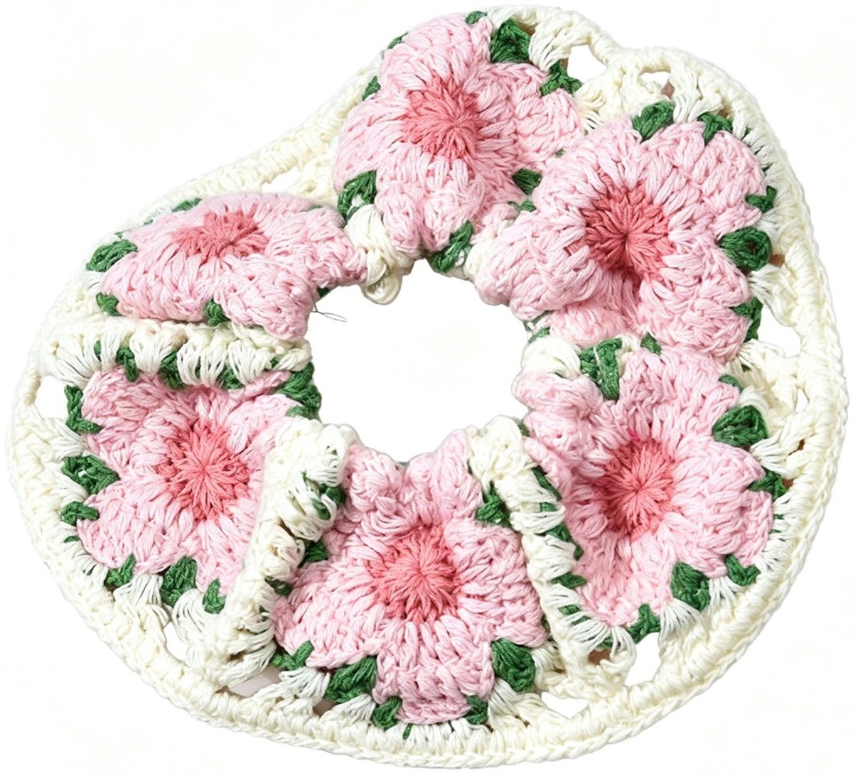 Scrunchie - gebreid - bloemen - 14 cm