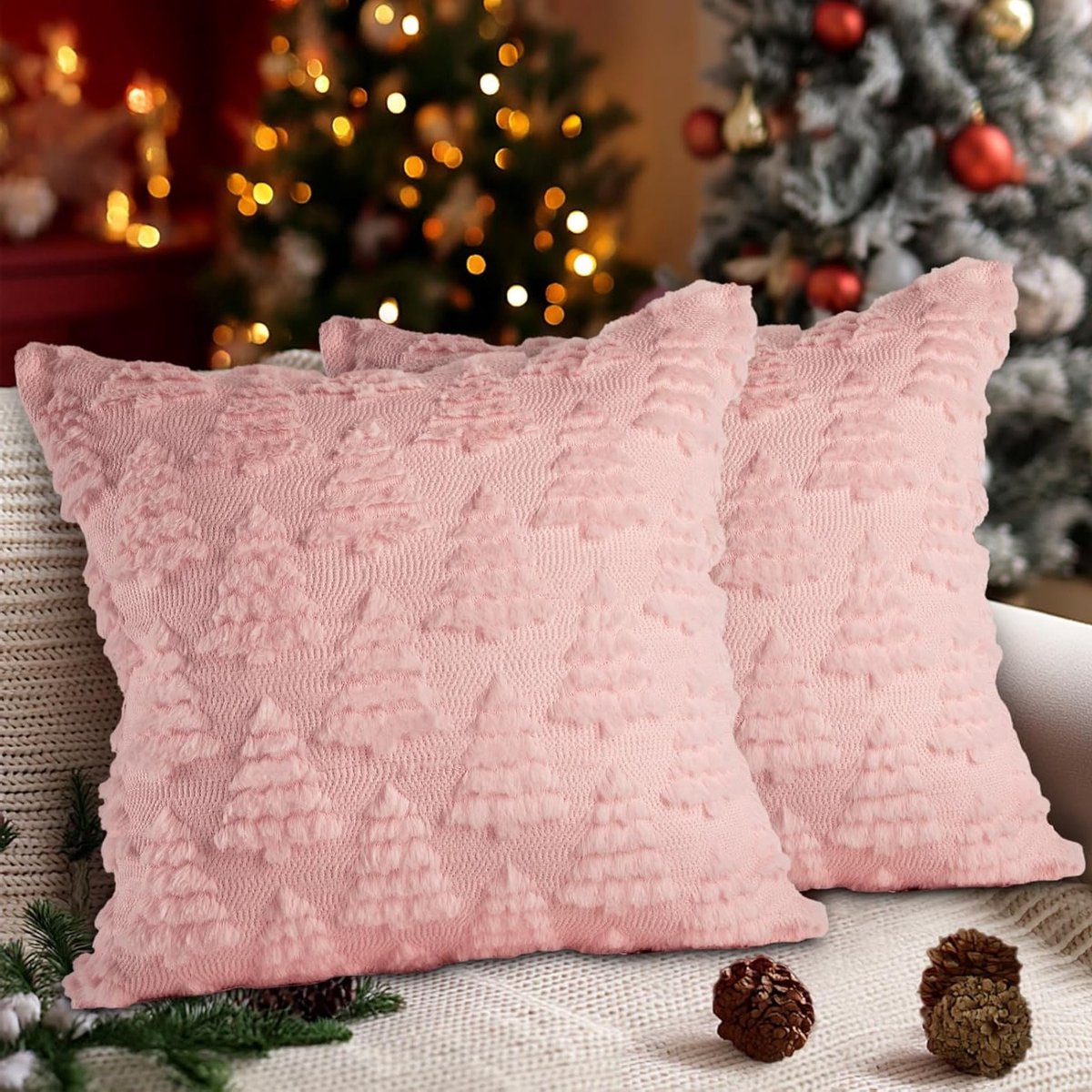 Set van 2 Kerstmis 18x18 Kussenhoezen, Zachte Pluche Faux Bont Wol voor Winterdecoratie, Kussenhoezen voor Bank en Slaapkamer (Roze)