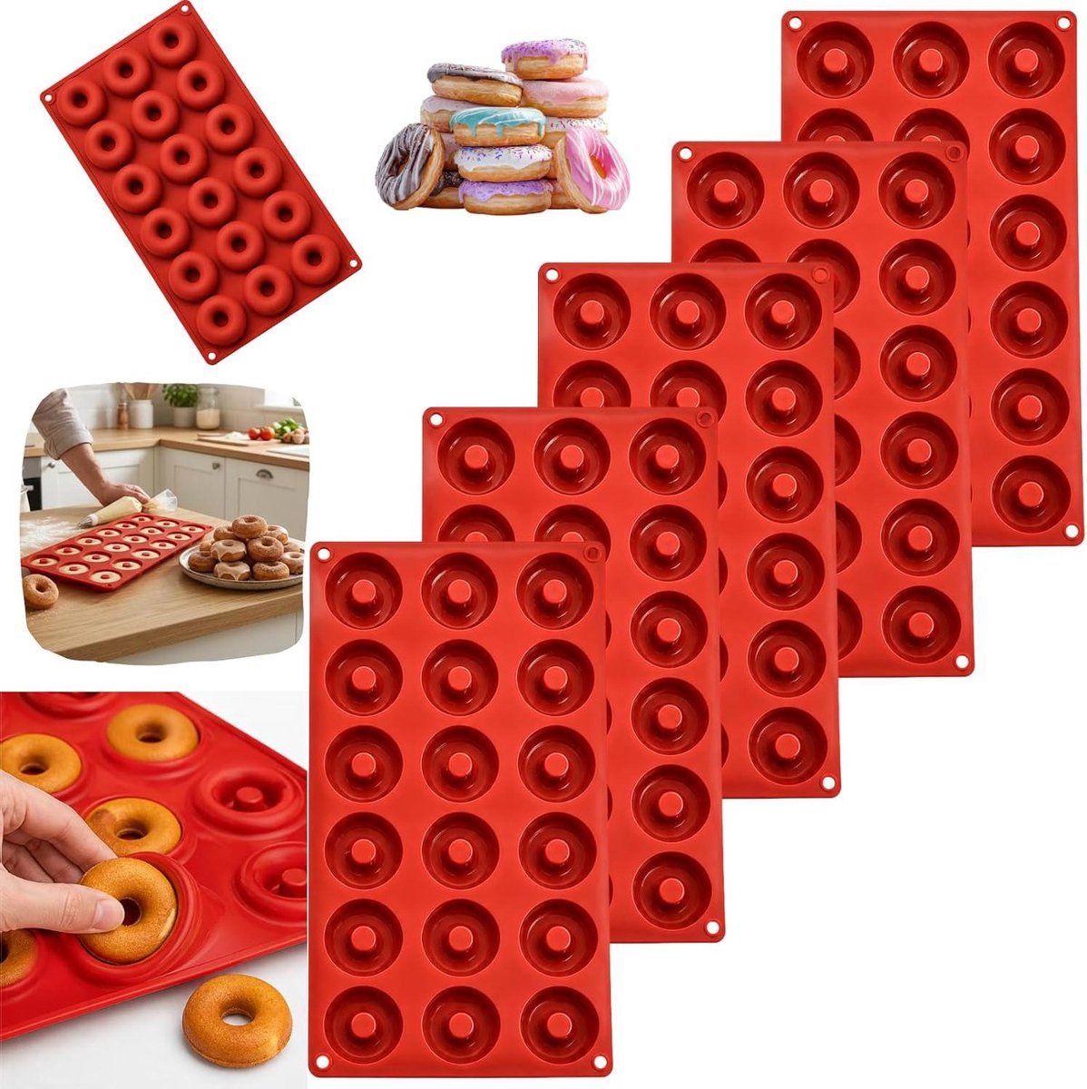 Donut Vorm - Bakvorm Siliconen - Zelf Bakken - 18 Mini Holtes - 30 x 17 cm - Rood