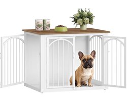 Dog Crate Furniture, 80cm Wooden Dog Crate with 4 Doors, 80 x 60 x 63 cm, End Table Animal Crate For Small to Medium Dogs, Dog House For Indoor, Brown and White, FPDC001FWR1
