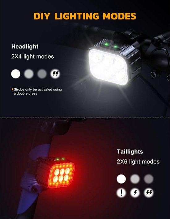 Bicycle Lights, Headlight, USB Rechargeable IP65 Waterproof, LED Bicycle Lights with Spotlight and Floodlight Bundle, 8+12 Modes, Super Bright, Front and Rear Lighting — afbeelding 3