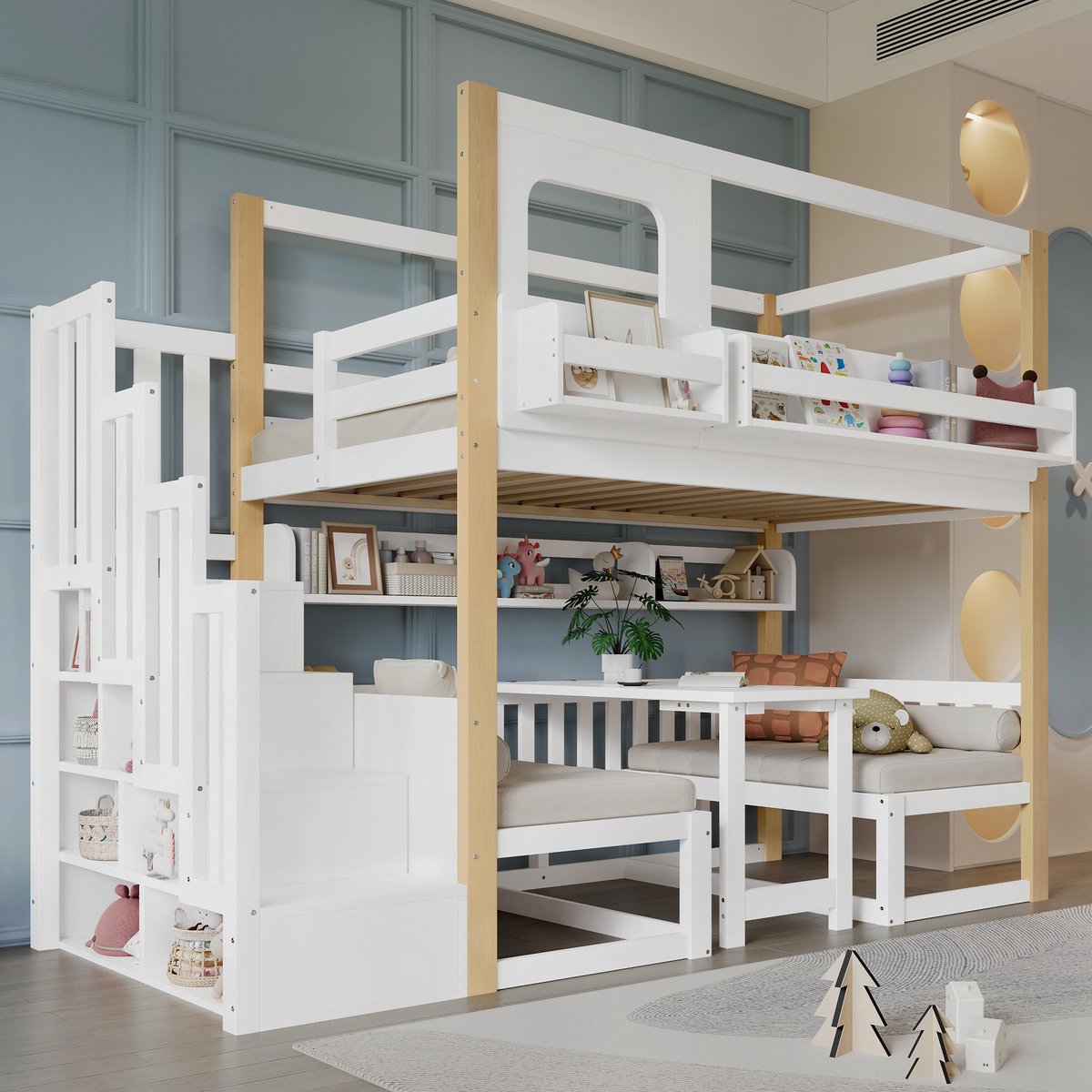 MODFU Hoogslaper - Opklapbaar Verstelbaar Bureau En Opbergtrede - Met Boekenplank - Grenen, MDF En Multiplex - Wit/Naturel - 90x200 Cm Wit+Natuurlijk
