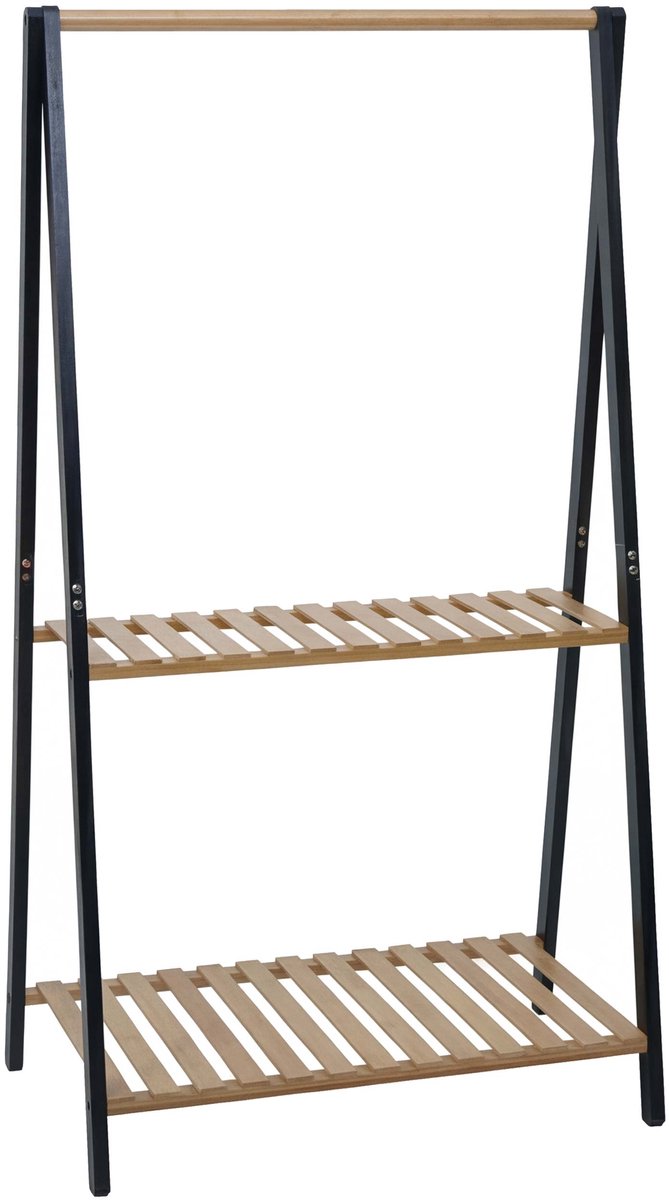 MCW Bamboe kapstok MCW-Q32, kapstok, kledingrek, schoenenrek, met stang en 2 planken, 130x70x44 cm ~ naturel-zwart