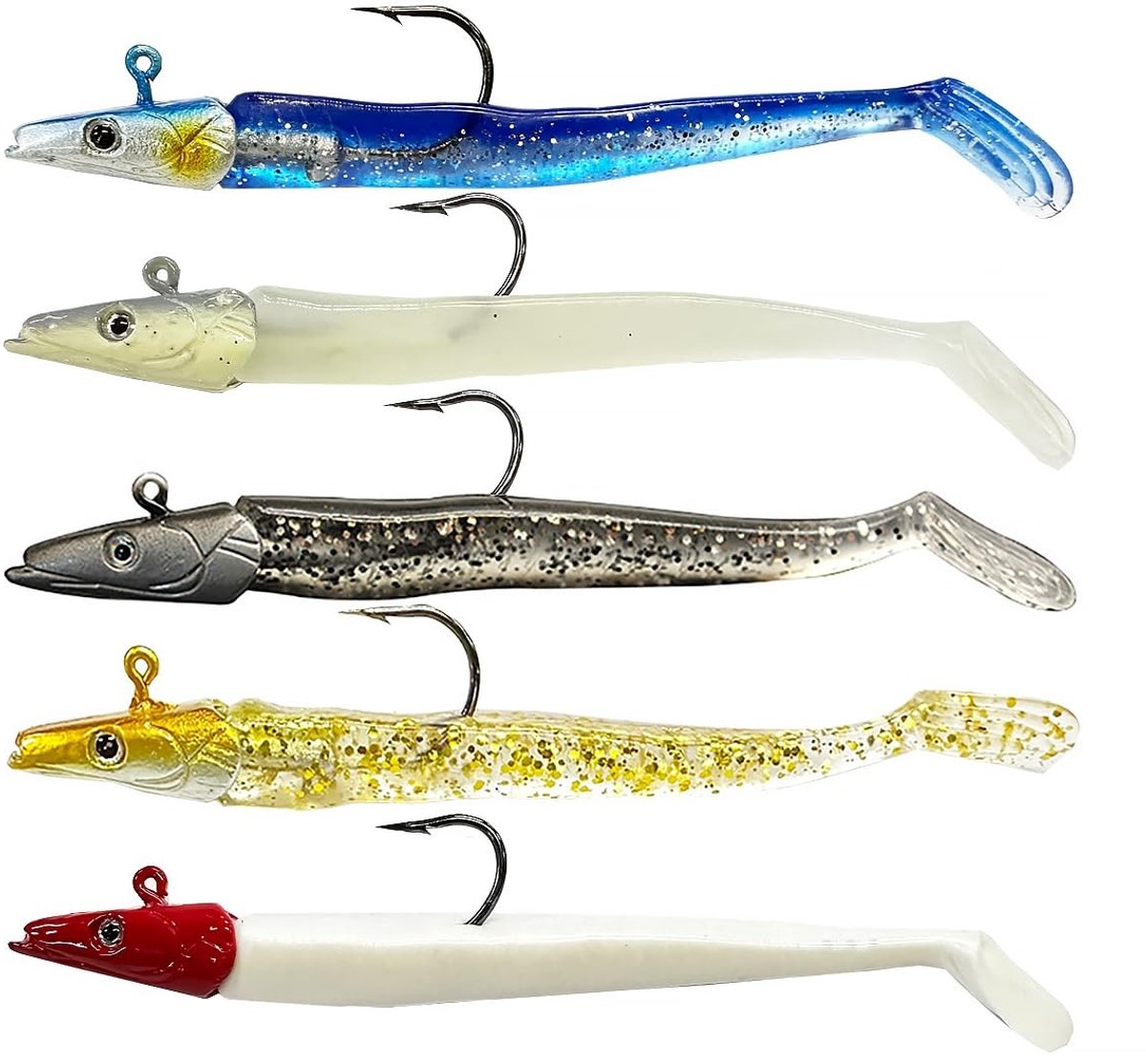 Dailygoods- Kunstaas Set 5-Pack - Zacht Plastic Kunstaas - Paddle Tail Swimbaits - Jerk Aas - Aantrekkelijk voor Roofvis - Glow-in-the-dark Effect - Vishaak