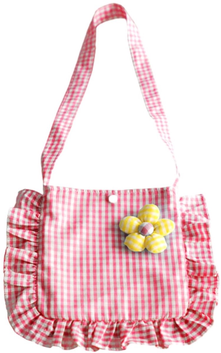 Dailygoods- Kindertas Grote Capaciteit - Roze/Witte Geruite Schoudertas - Katoenen Tas - Comfortabel en Lichtgewicht - Afmetingen 23,5 x 26,5 cm