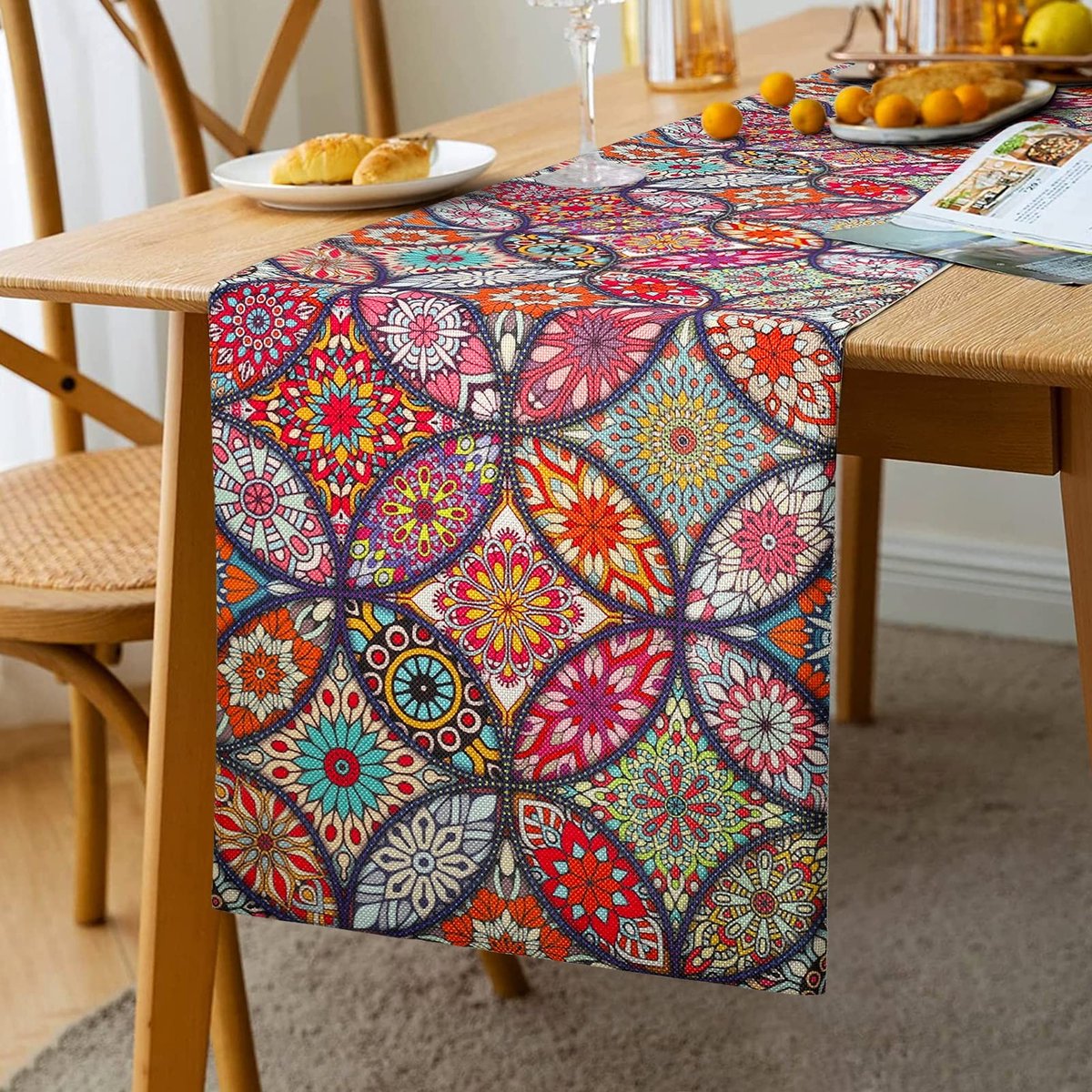 Dailygoods- Tafelloper Boho Stijl - Linnen Katoen - 33 x 183 cm - Geschikt voor Eettafel/Salontafel - Gezond Materiaal - Handwas Aanbevolen - Tafelkleed