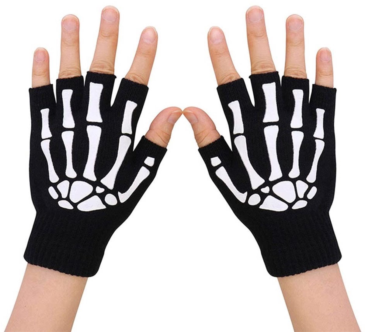VLEMICO- Skelet Handschoenen Glow-in-the-Dark - Vingerloze Handschoenen - Halve Vingerhandschoenen - Unisex - Zachte Acrylvezels - Comfortabel en Warm