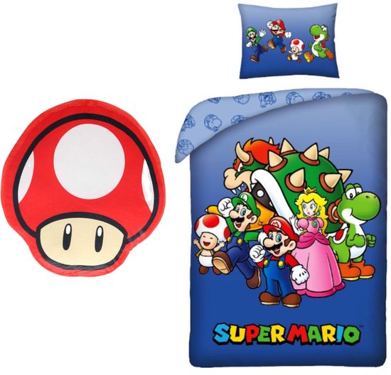 Rood Super Mario paddenstoelkussen met witte stippen en gezicht.
