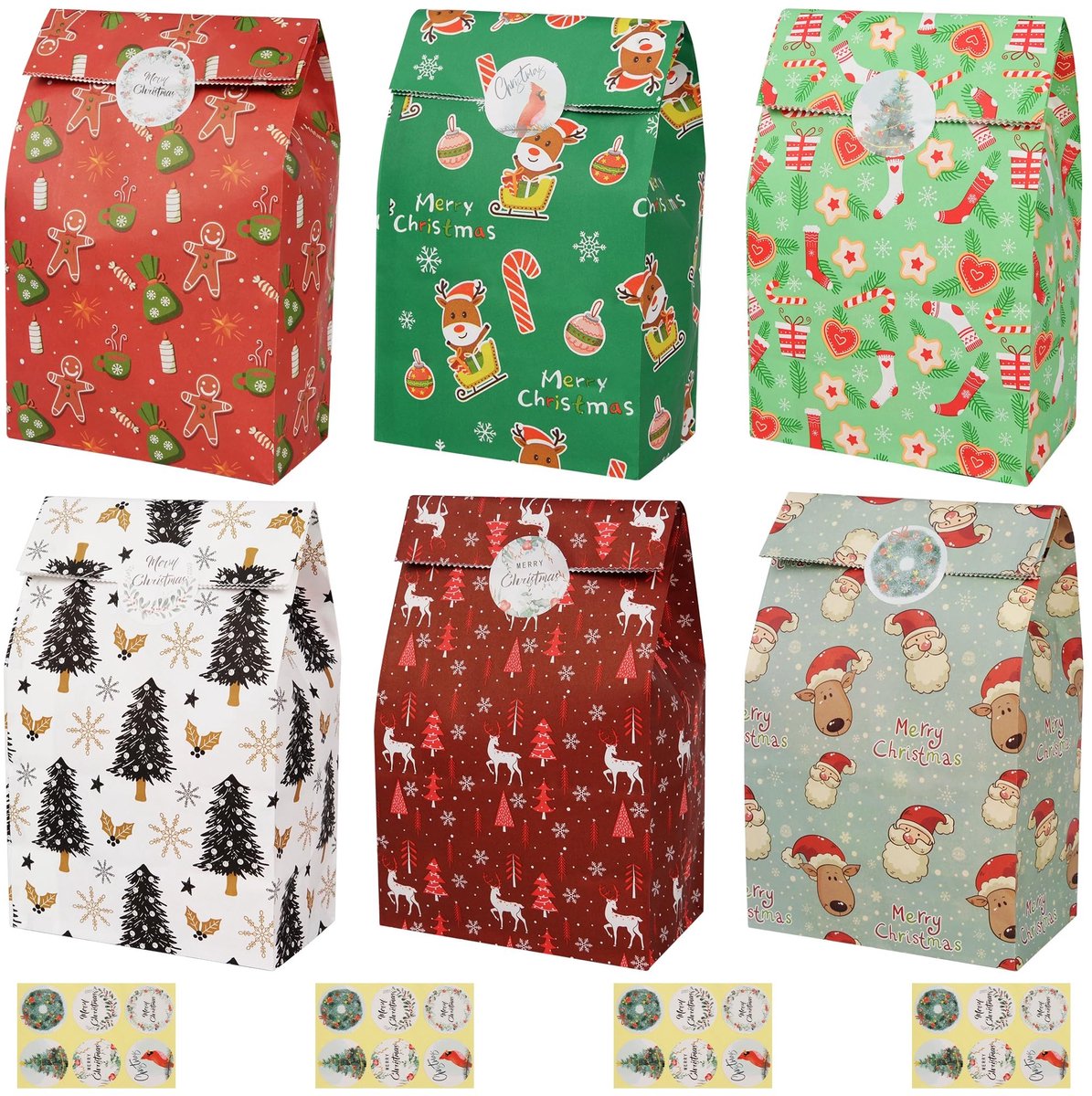 Dailygoods- Kerstcadeauzakjes 24-delig - Papieren Feestzakjes - Snoepzakjes - Kerstthema - Afdichtingsstickers - Afmetingen 23 x 7,5 x 12 cm