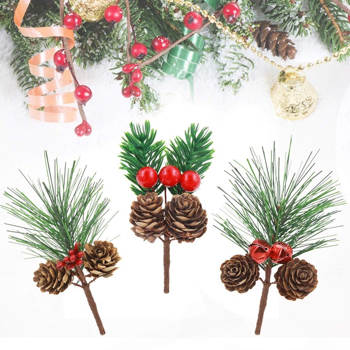 JHUBERS- Kerstdecoratie Realistisch - Dennentakken met Bessen - Dennenappels - Klokken - DIY Ambachten - Sterke Kerstsfeer - Kerstversiering