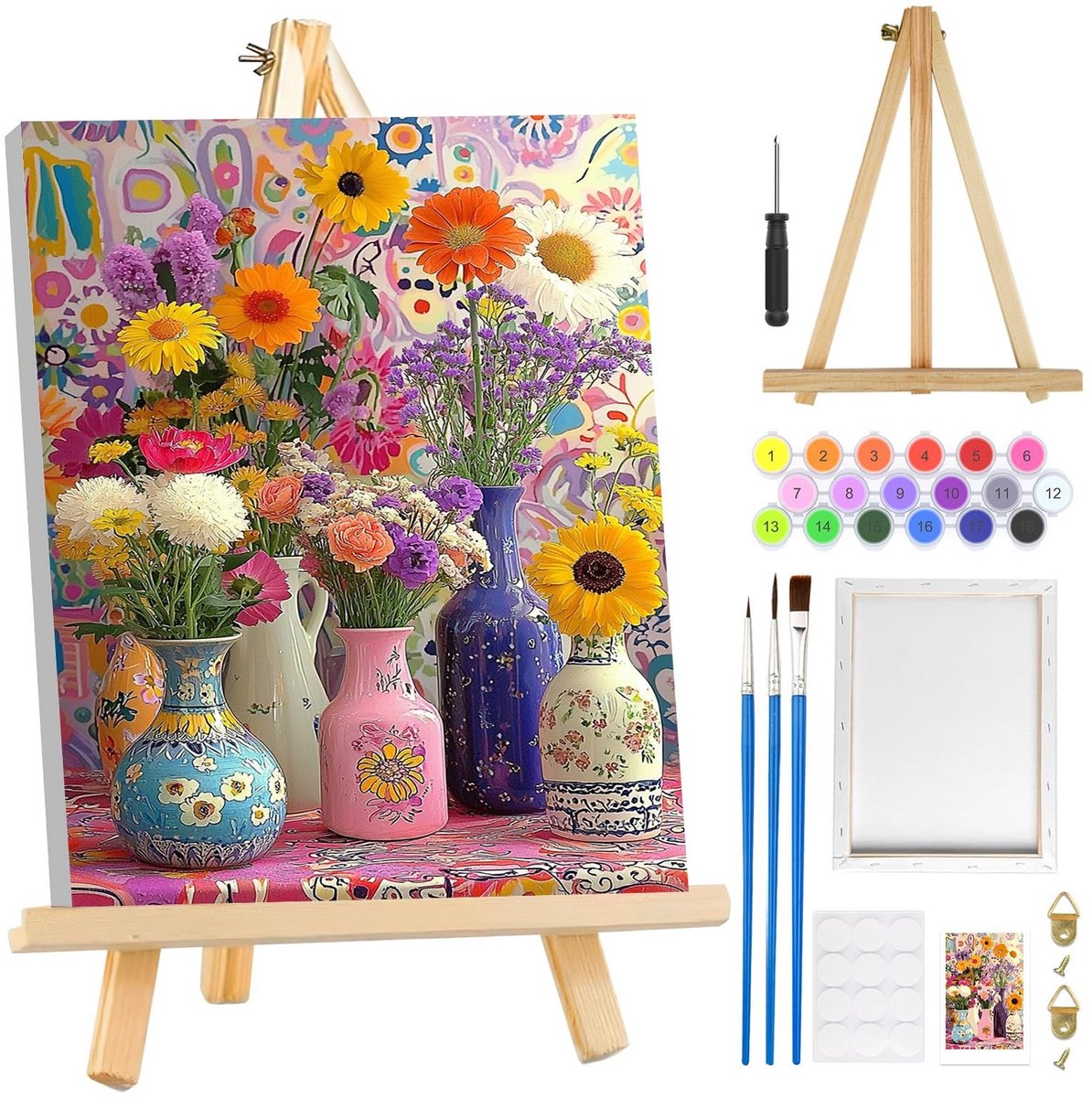 BRENZOOS- Schilderen op Nummer - Bloemenlandschap - Met Frame - Voor Volwassenen - Doe-Het-Zelf - Inclusief Houten Ezel - Acrylverf Set - Verfset