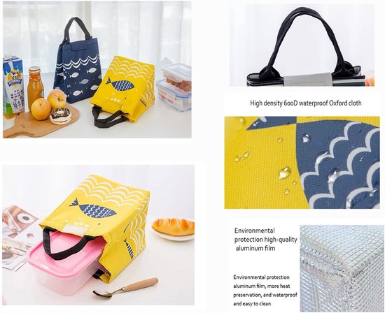 Lunchtas - 2 Stuks Set - Kleine Koeltas voor Werk en School - Opvouwbare Thermotas met Aluminium Isolatie - Lunchbag voor Dames, Heren en Kinderen - Blauw en Geel — afbeelding 2