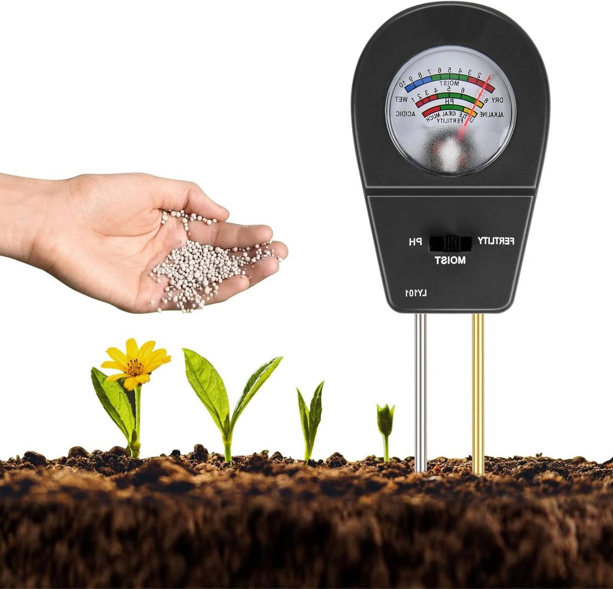 Bodemtester 3-in-1 - Vochtigheid pH - Plantenverzorging - Geen batterijen nodig - 24.5 cm - Zwart
