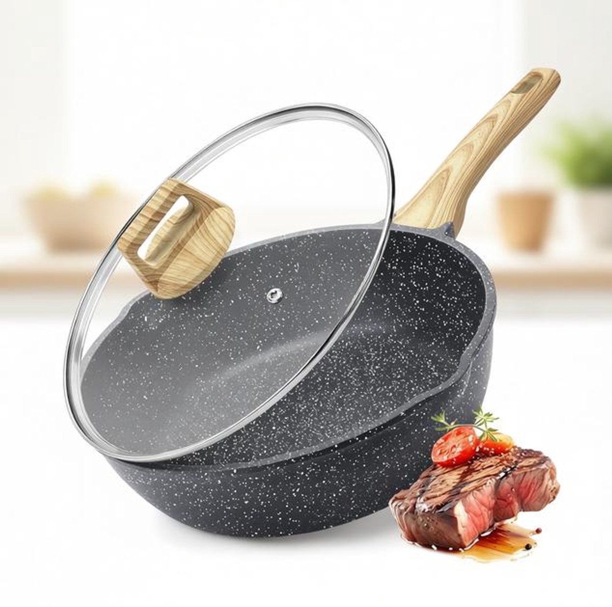 ElleMooi Wokpan 24 cm, 2,5 L, keramische antiaanbaklaag, PFOS/PFOA-vrij, geschikt voor alle warmtebronnen, grijs