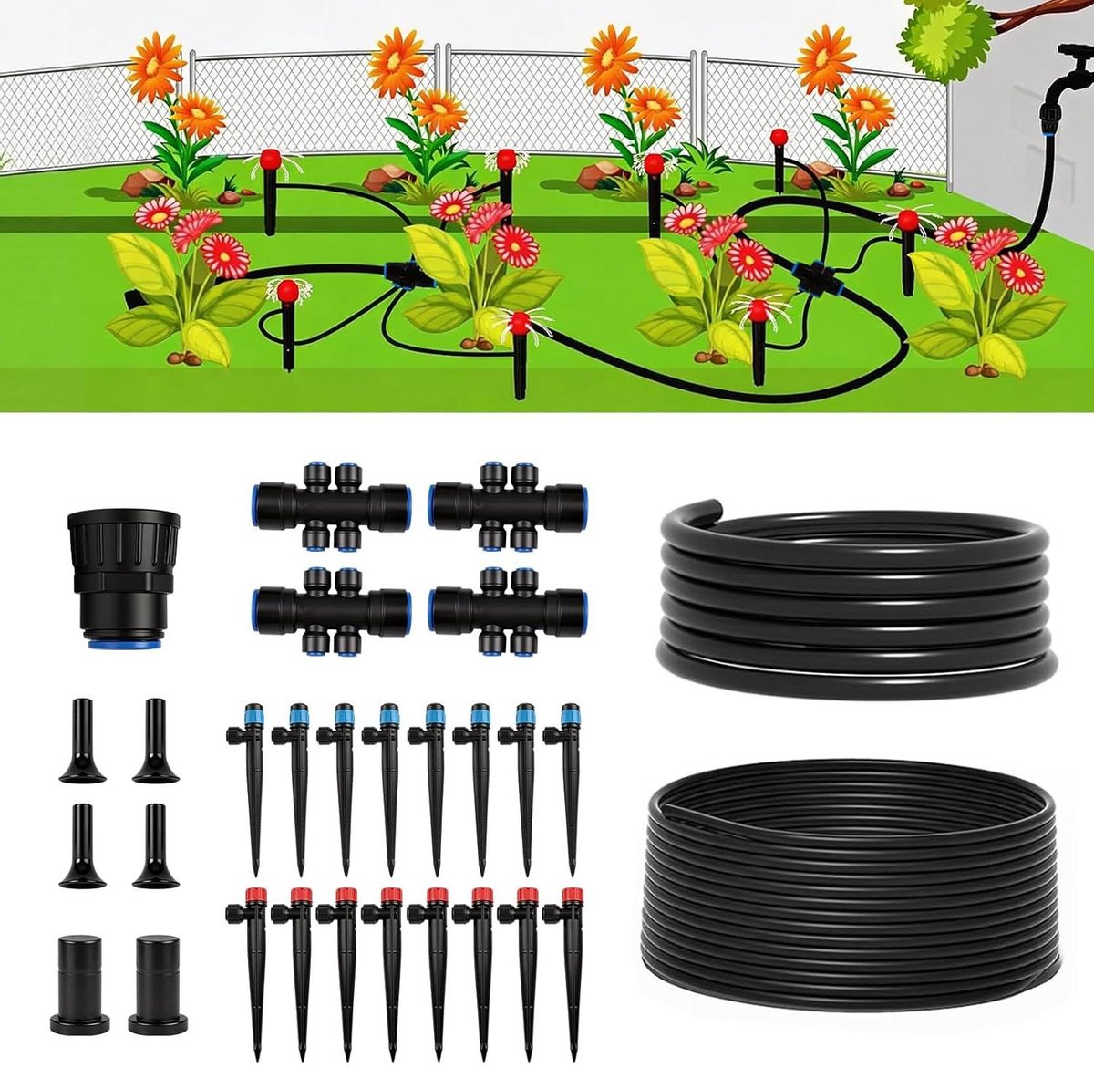 Druppelirrigatiesysteem Kit - Automatische Bewatering - Planten Verzorgen - Eenvoudige Snelkoppeling - 30 Meter - Zwart