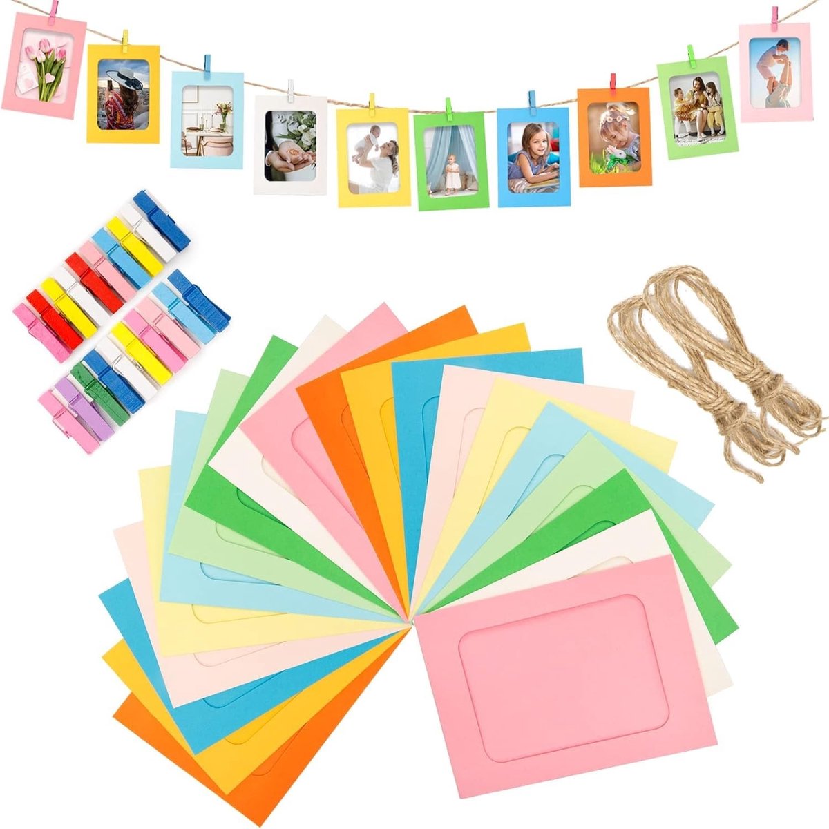 Dailygoods- Fotolijsten Set van 20 - Fotolijsten 15x10 cm - Houten Clip - Henneptouw - Creatieve Wanddecoratie - Kleurrijke Materialen