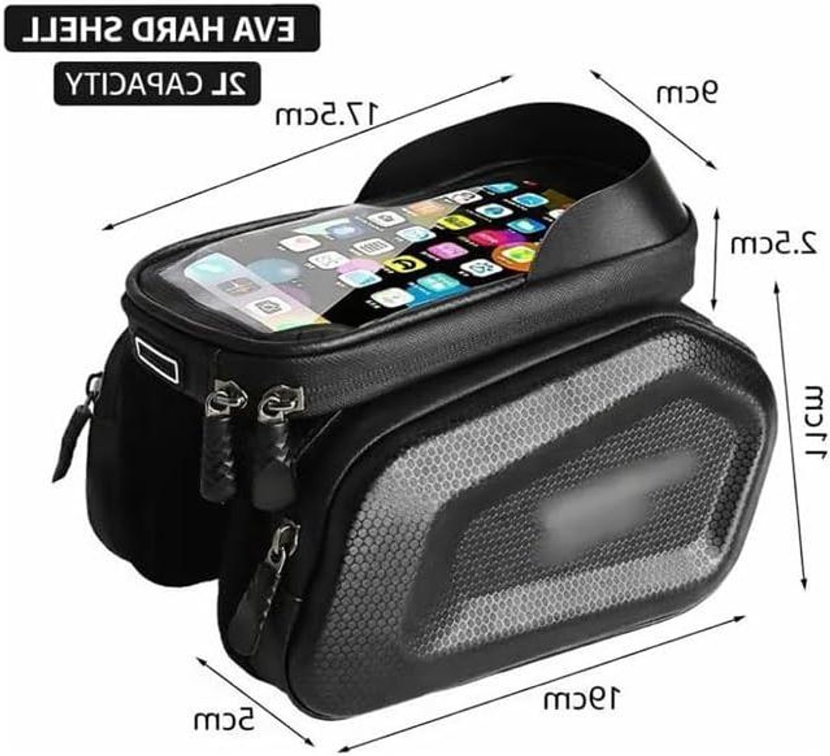 Fietstas Bovenbuis - Frame Tas - Fietsen Opbergen - Touchscreen Zonneklep - Tot 7 Inch - Mat Zwart