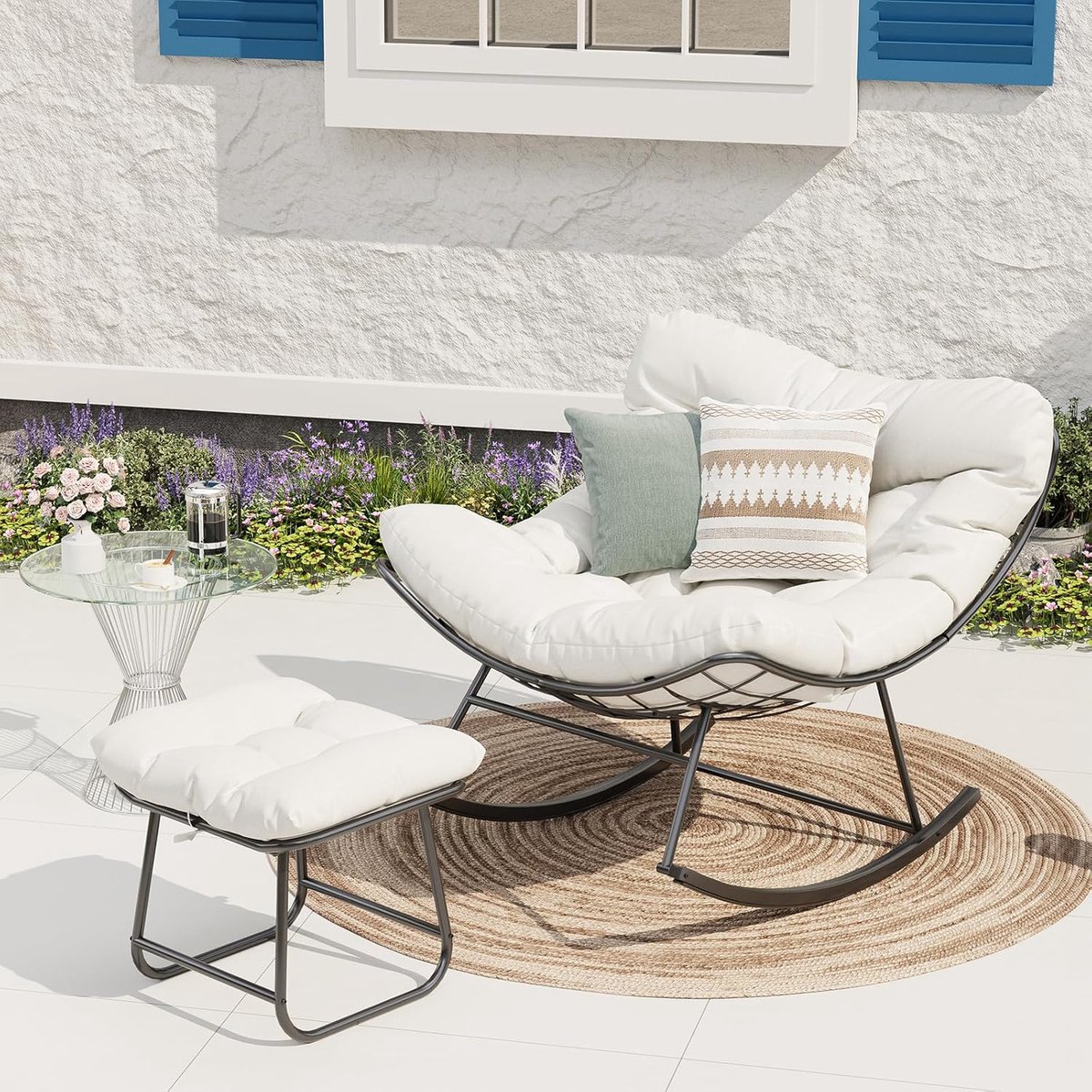 Schommelstoel Buiten met Kussen 75,5 x 59 x 35,6 cm – Tuinschommelstoel Outdoor – Relaxstoel voor Tuin, Terras, Balkon en Veranda – Ergonomische Rocking Chair met Stalen Frame – Melkwit – Mobili Bella