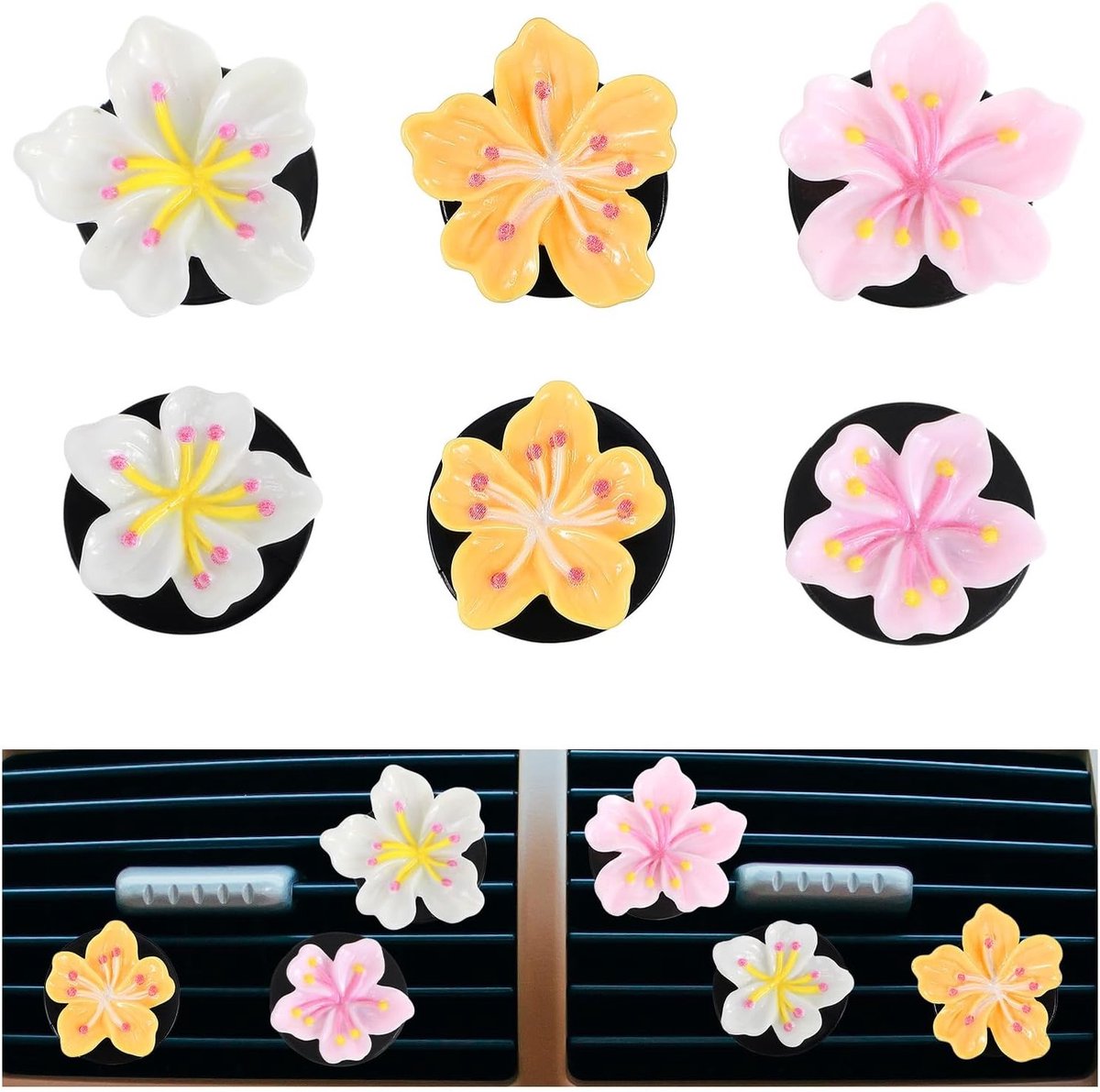 Leuke Auto Luchtverfrisser Vent Clips met Bloemdesign - Hawaiiaanse Hibiscus en Kersenbloesem voor Esthetische Interieur Decoraties in Auto, Roze, Wit, Geel - 6 Stuks