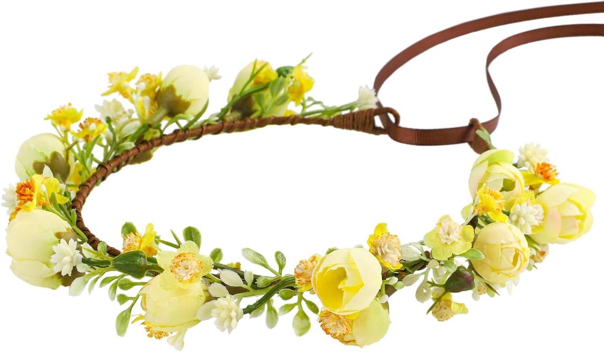 Bloemenkroon Hoofdband - Bloem Slinger Haar Krans - Feest Accessoire - Handgemaakt Met Bladeren - 18.9 x 14.6 cm - Geel