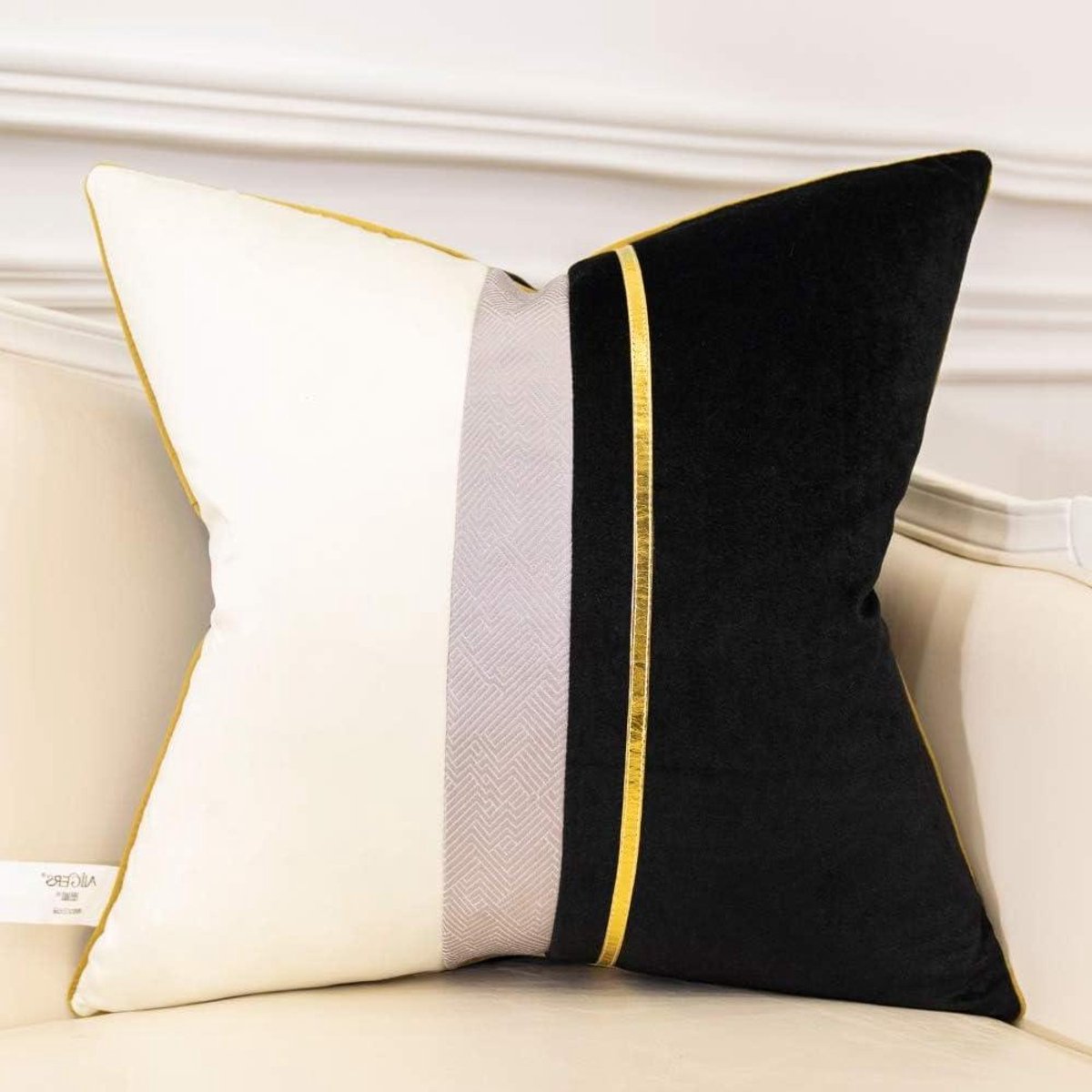 Kussenhoes Gestreept Patchwork - Sierkussenhoes Fluweel - Bank Decoratie - Onzichtbare Rits - 40 x 40 cm - Zwart Wit Goud