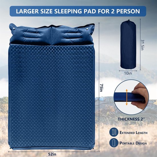 Dubbel Slaapkussen - Campingmatras Luchtbed - Kamperen en Wandelen - Zelfopblazend met Traagschuim - Volledig formaat 2 persoons - Blauw van Merkloos — afbeelding 4