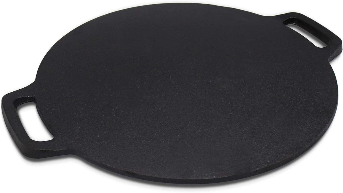 Gietijzeren Pan - Roti Tawa Koekenpan - Platbrood Bakken - Dubbele Handgrepen - 25 cm Diameter - Zwart