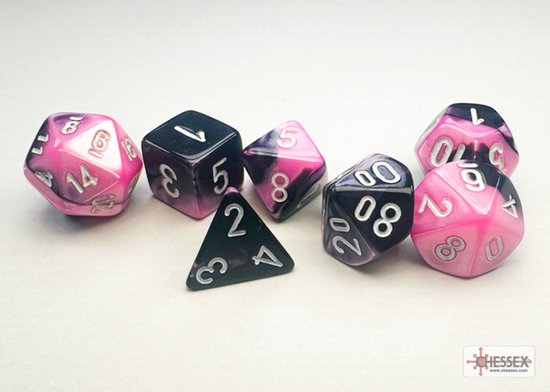 Set de dés Chessex Gemini Mini- Polyédriques Noir- Pink /Blanc (7 pièces)