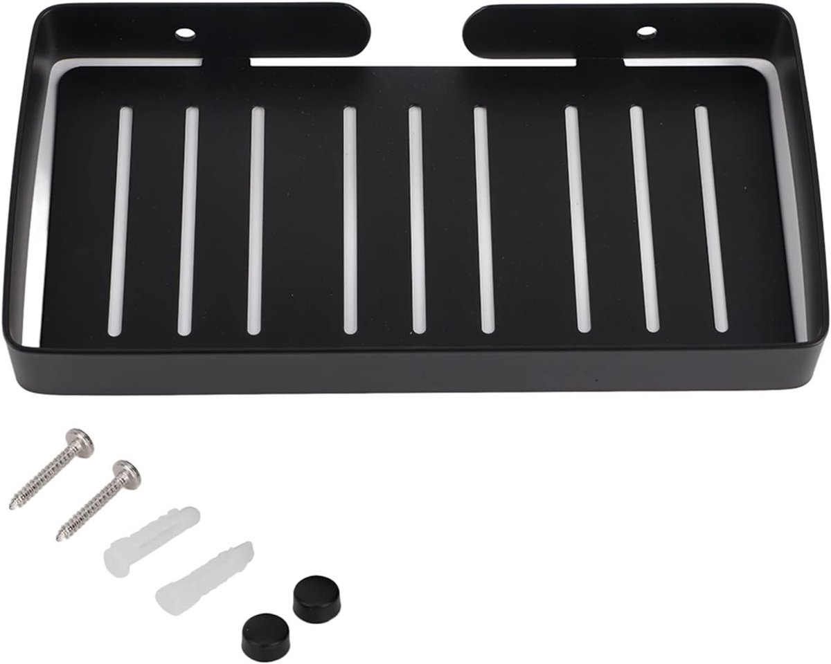 Stijlvolle Wandplank voor Badkamer, RVS 304, Zeeprek met Afvoer, Opbergrek Organizer, Zwart, 23x12x2.5cm, Ideaal voor Badkameraccessoires en Ruimtebesparing