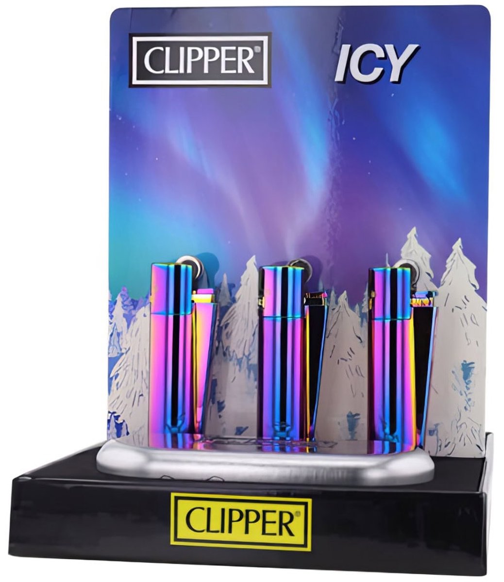 Clipper Large Metal Aanstekers "Icy Colors 2" Display (12 Stuks)