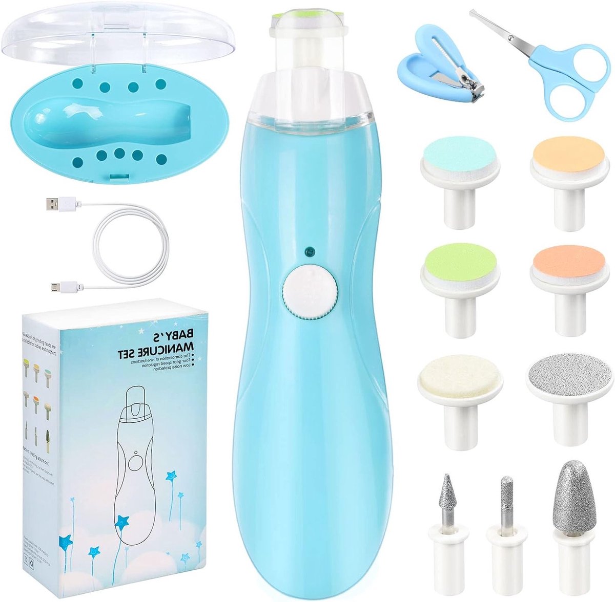 Elektrische Nagelvijl 14-in-1 voor Baby's en Volwassenen - Veilig en Efficiënt Manicure Gereedschap in Blauw