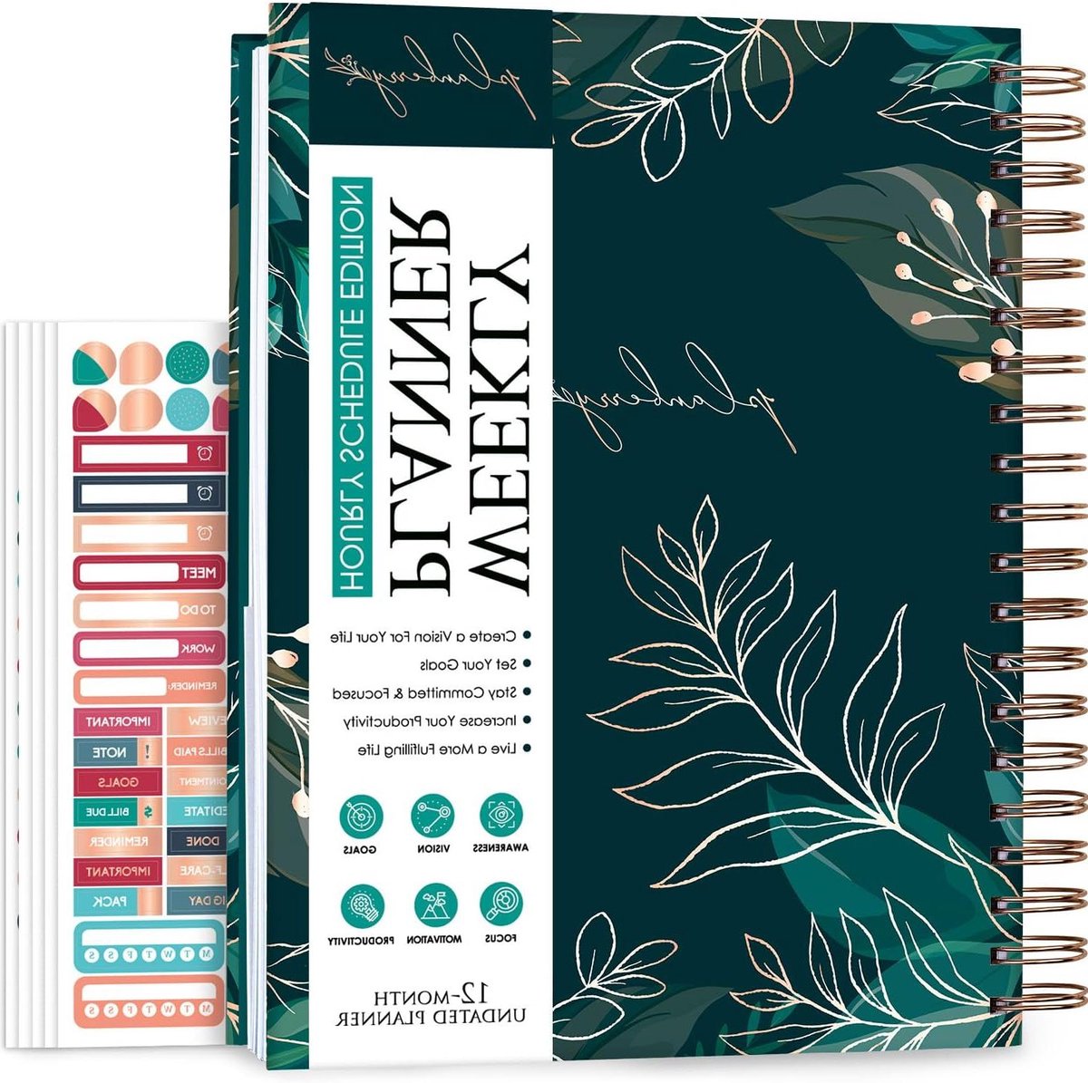 Weekplanner Groot - Planningsagenda Organizer - Doelen Stellen Plannen - Ongedateerde Lay-out Spiraalbinding - 20 x 26 cm - Groene weiden