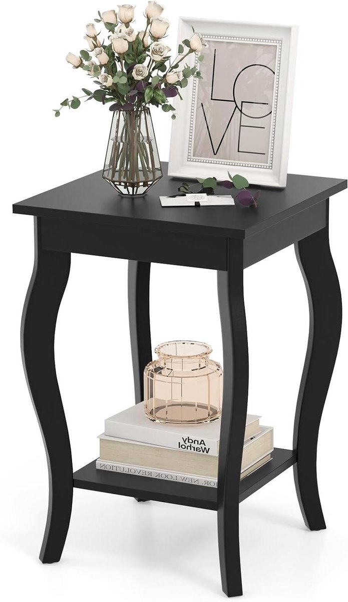 Vierkante bijzettafel - Nachtkastje plank - Opbergen woonkamer - Dubbele opbergruimte - 40x40x60 cm - Zwart