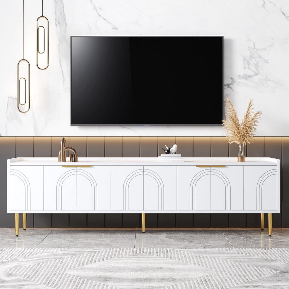 Tv-meubel - Lowboard Kast - Media Opbergen - Gouden Accenten - 170 x 35 x 47.5 cm - Wit