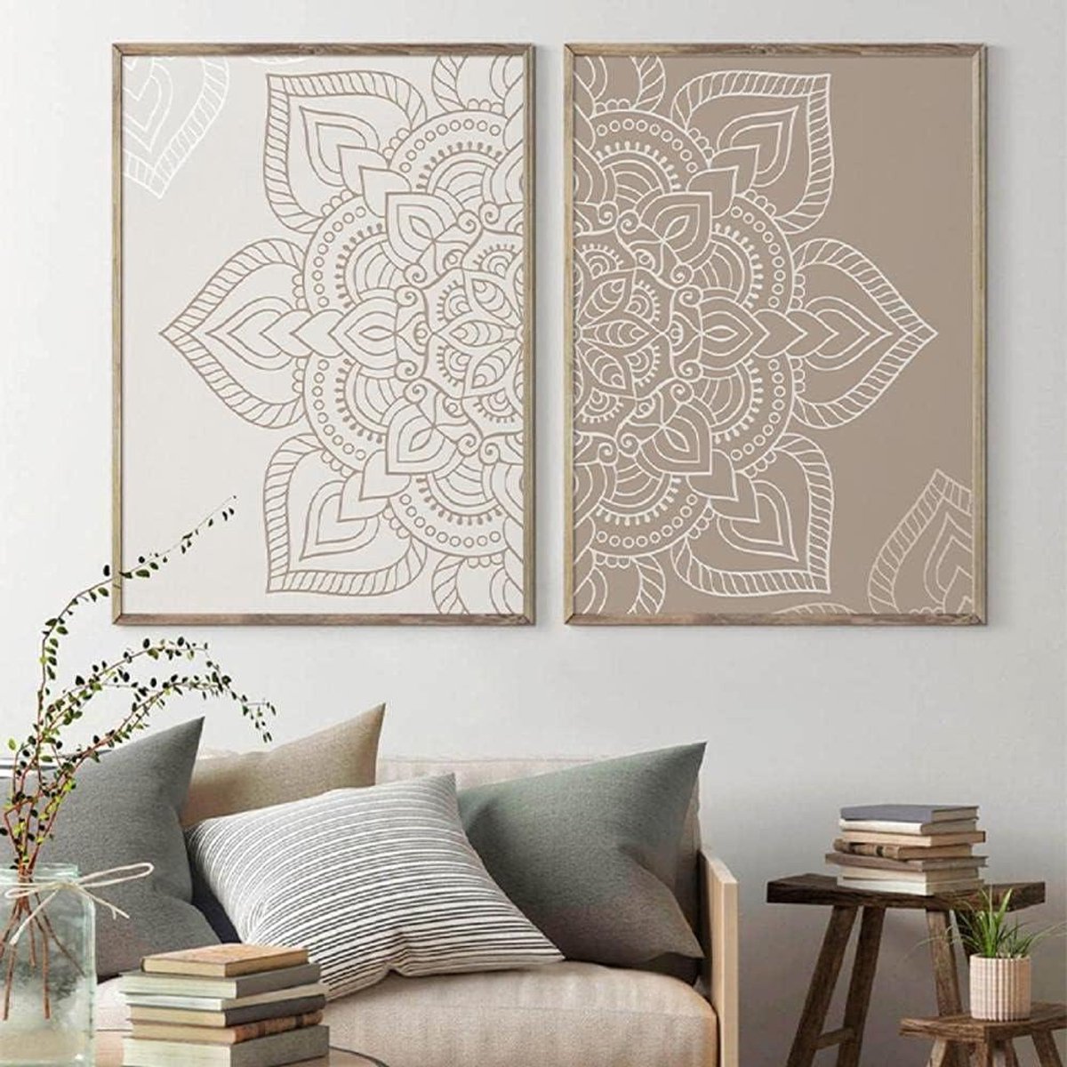 Wanddecoratie Set - Poster Set Mandala - Woonkamer Decoreren - Hoge Contrast Kleuren - 40x50cmx2 - Beige Neutraal