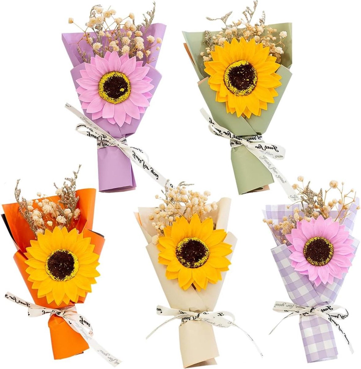 Mini Bloemboeket Zonnebloemen - Kunstboeket Kleine Bloemen - Cadeau Decoratie - 5 Stuks Gemengde Kleuren - 12 x 17 cm