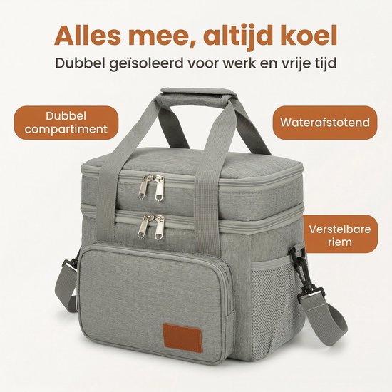 Lomera Koeltas - Lunchtas - Geïsoleerd - Opvouwbaar - Picknicktas - Thermotas - Koeltasje voor Volwassenen - Schoudertas - Coolerbag - Lunch Bag - Isolatietas voor Werk - Dubbel Compartiment - Waterafstotend - Lunchbox - Grijs — afbeelding 2