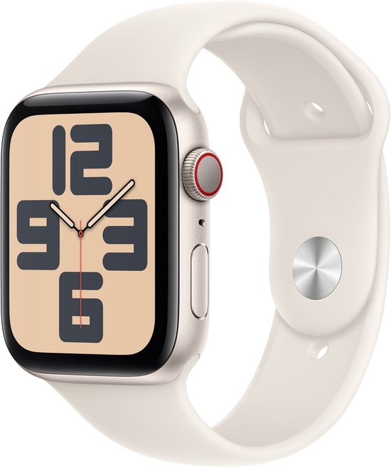 Zilverkleurig Apple Watch SE horloge met wit bandje en een wijzerplaat met grote cijfers, in profiel.