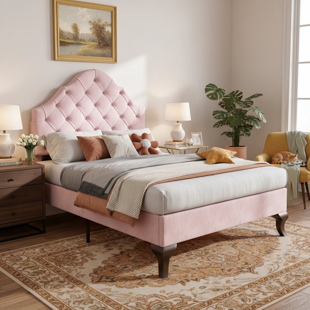 Zubaliya Gestoffeerd Bed 90 x 200 cm - Eenpersoonsbed met Verstelbaar Hoofdbord - Fluweel roze - Inclusief lattenbodem - Modern Tienerbed & Kinderbed - Velvet Soft - 90